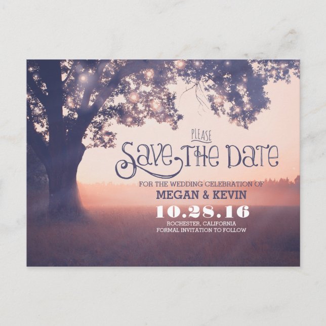 String lights tree enchanted save the date announcement postcard (Front)