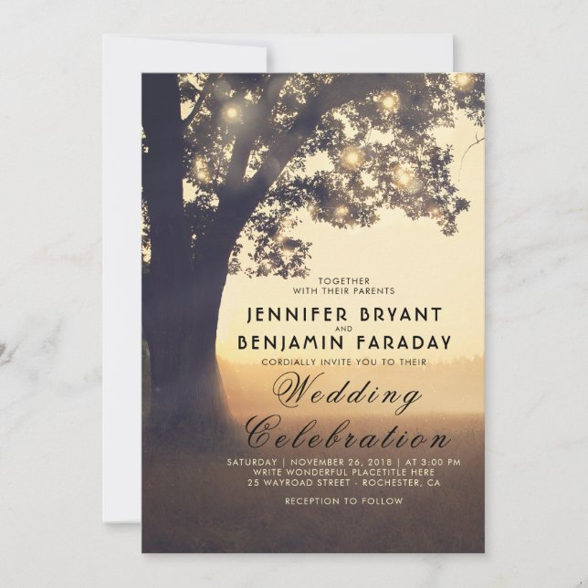 String Lights Tree Evening Sunset Rustic Wedding Invitation (Front)
