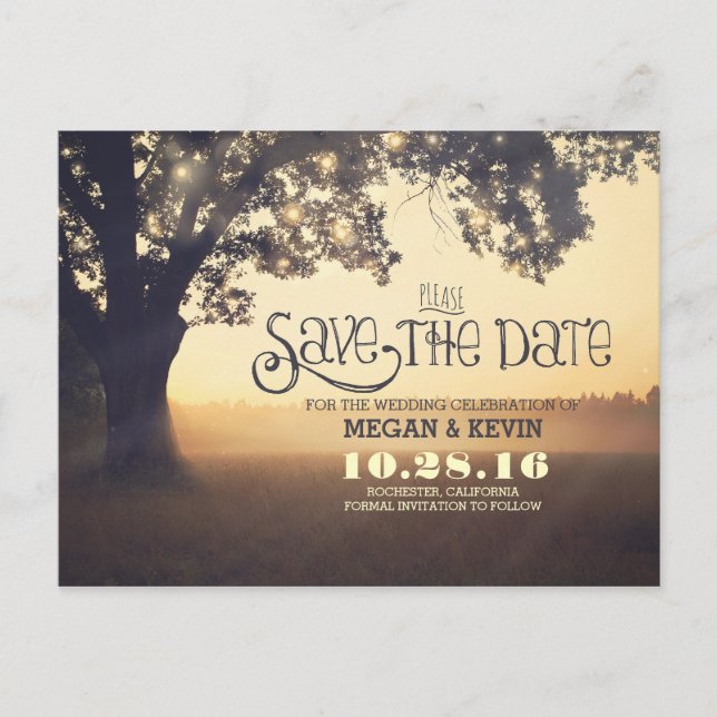 String lights tree romantic save the date postcard (Front)