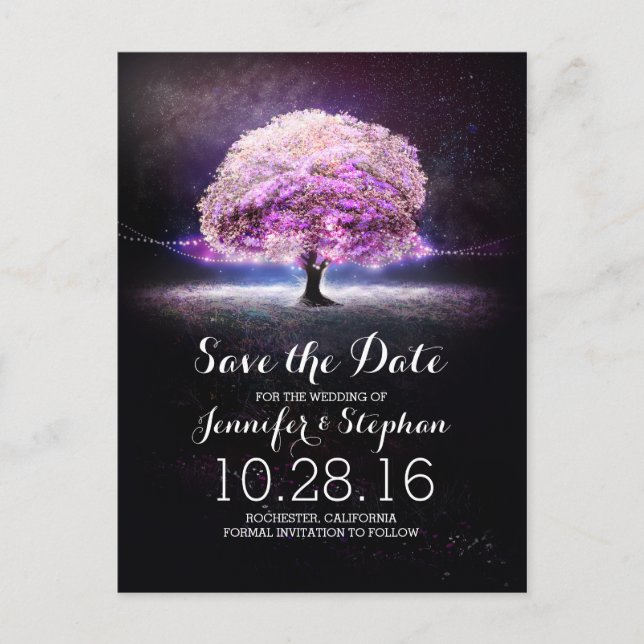 String lights tree romantic save the date postcard (Front)
