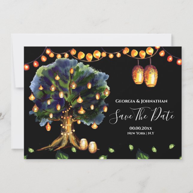 String lights tree rustic country oriental lantern save the date (Front)