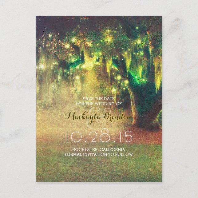string lights tree rustic country save the date announcement postcard (Front)