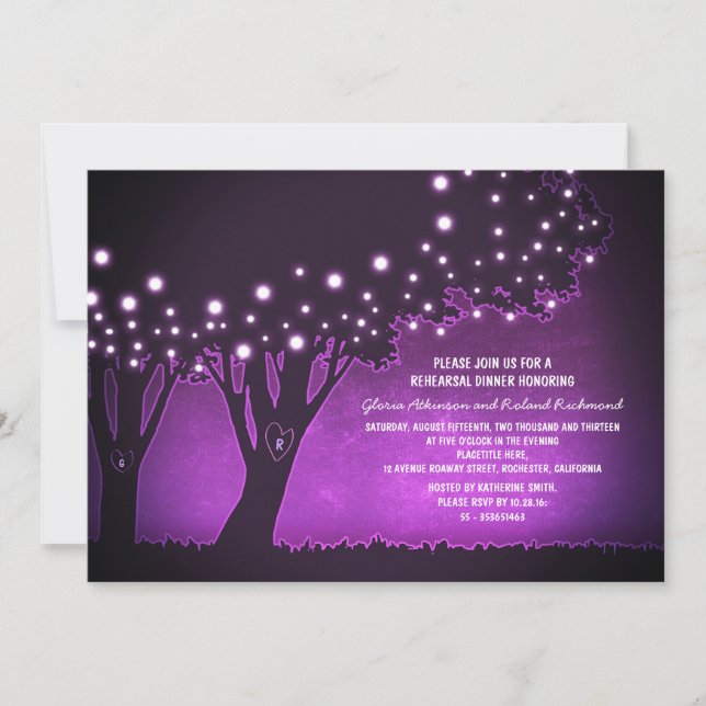 String lights tree rustic purple rehearsal dinner invitation (Front)