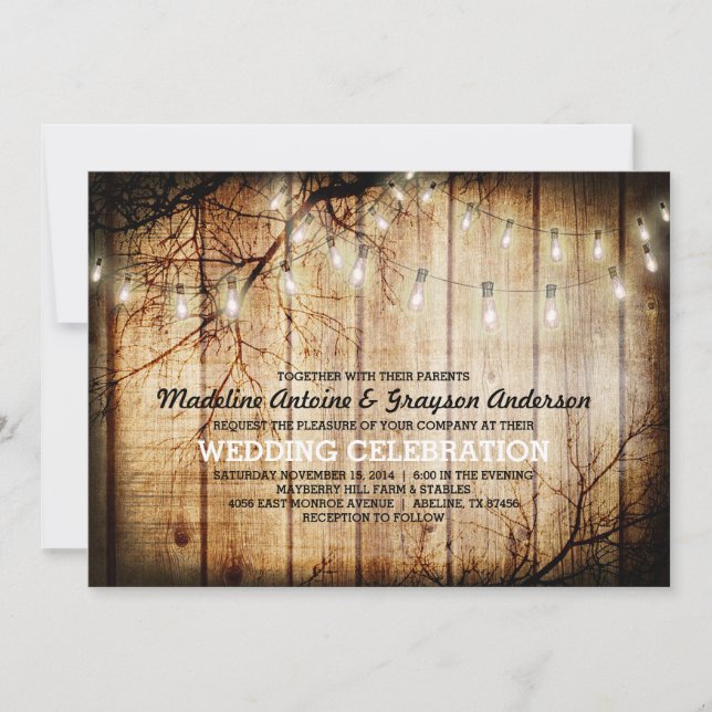 String Lights Tree Vintage Barn Wood Wedding Invitation (Front)