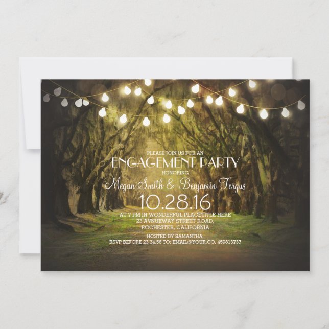 String Lights Trees Path Rustic Engagement Party Invitation (Front)
