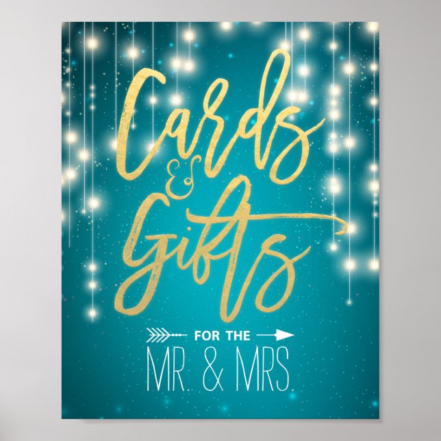String Lights Turquoise Cards & Gifts Wedding Sign (Front)