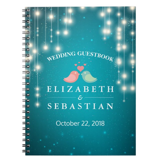 String Lights Turquoise Glitter Wedding Guestbook Notebook (Front)
