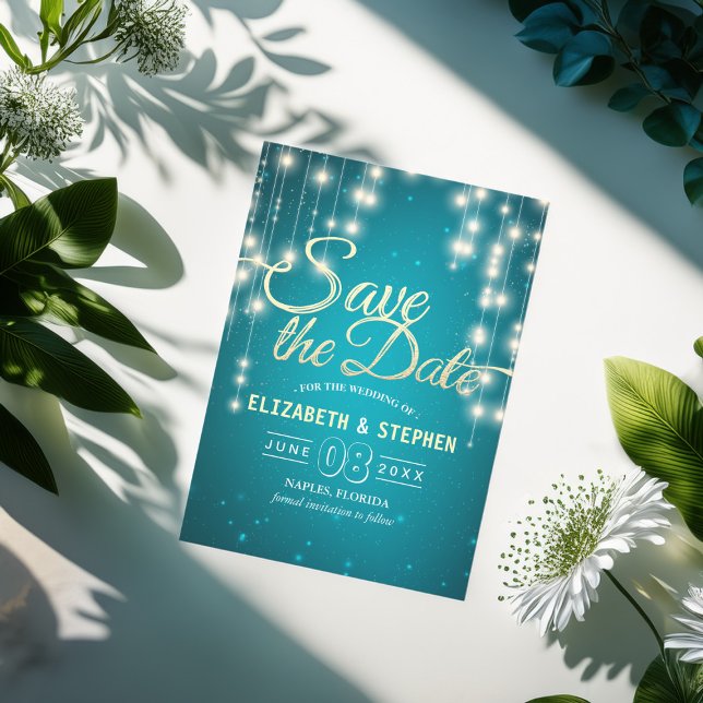 String Lights Turquoise Gold Script Save The Date (Creator Uploaded)