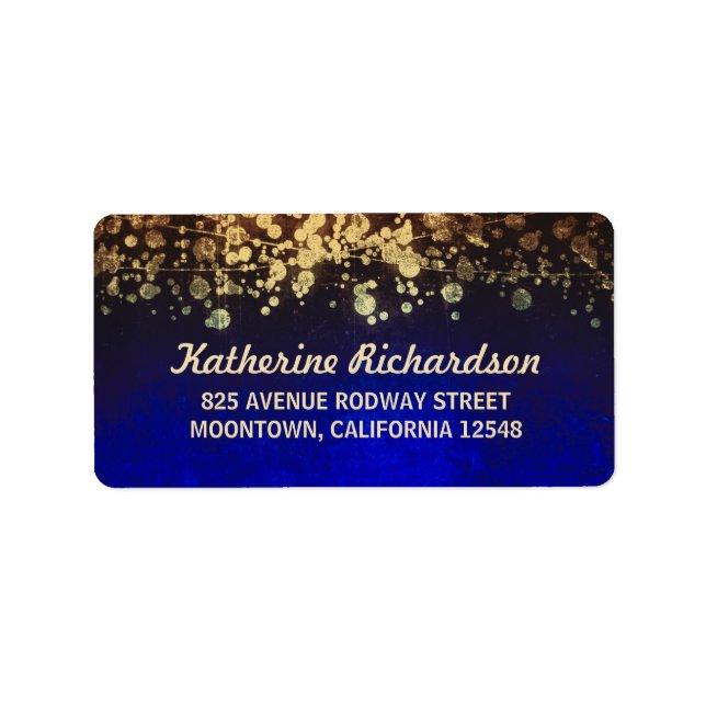 string lights vintage wedding blue and gold label (Front)