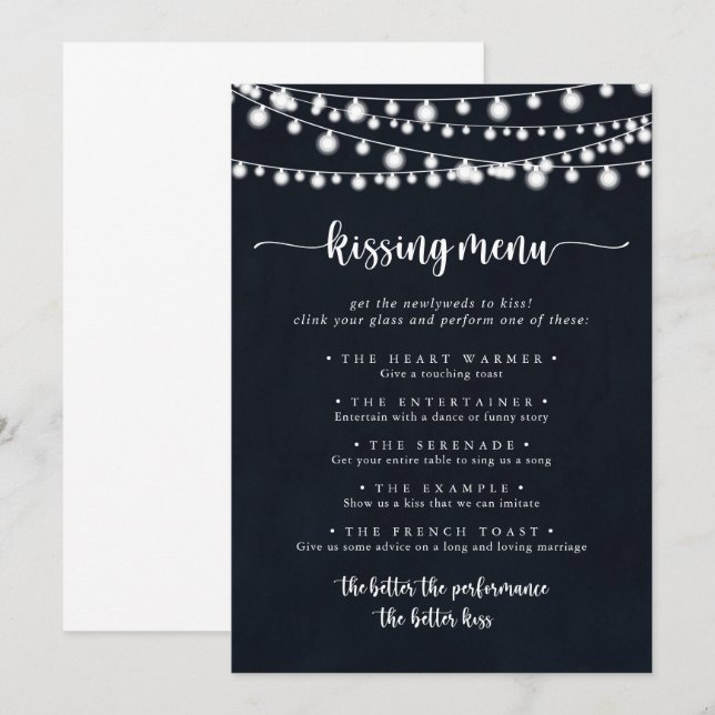 String Lights Wedding Kissing Menu Game Card (Front/Back)