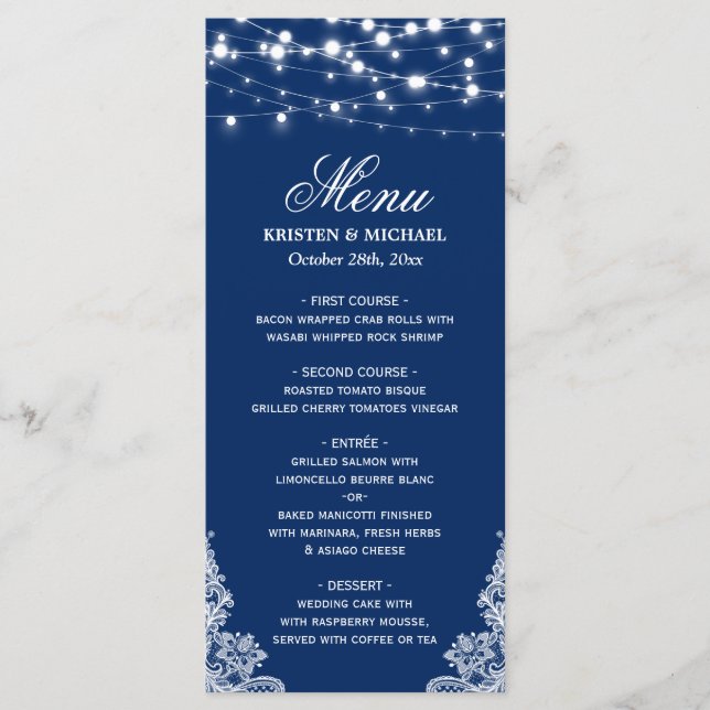 String Lights White Lace Navy Blue Wedding Menu (Front)