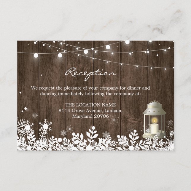 String Lights Winter Wedding Reception Details Enclosure Card (Front)