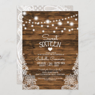 String Lights Wood and Lace Sweet 16 Party Invitation