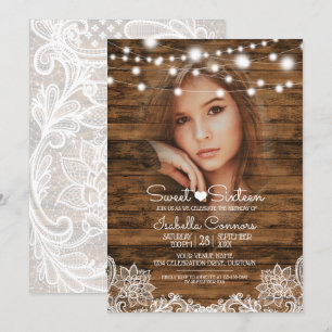 String Lights Wood and Lace Sweet 16 Party Invitation