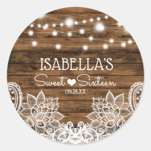 String Lights Wood and Lace Sweet 16 Thank You Classic Round Sticker