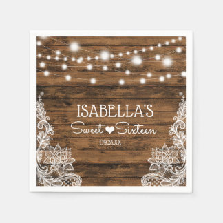 String Lights Wood and Lace Sweet Sixteen Napkin