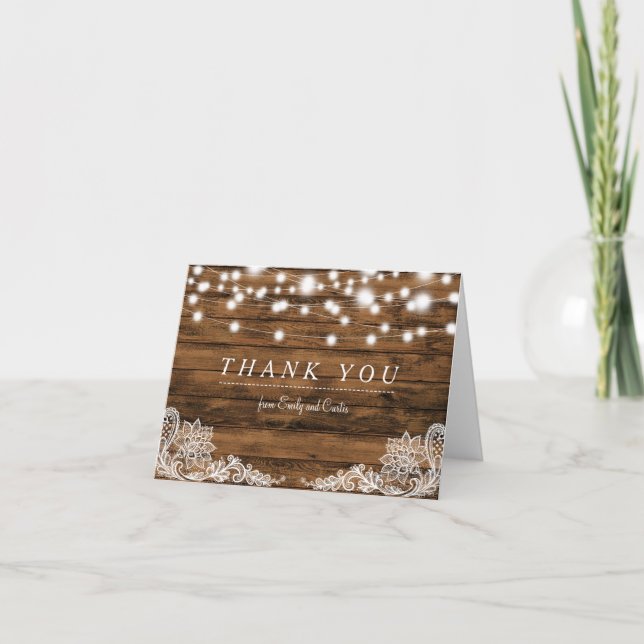 String Lights Wood and Lace Thank You Card (Front)