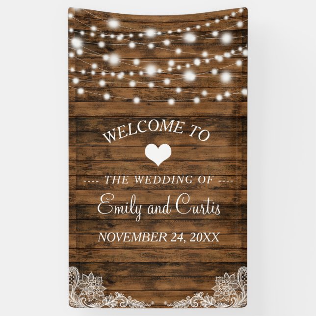 String Lights Wood and Lace Wedding Banner (Vertical)