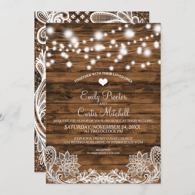 String Lights Wood and Lace Wedding Invitation (Front/Back)