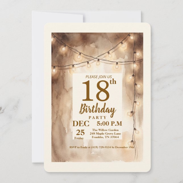 String Lights Wood Birthday Invitation (Front)