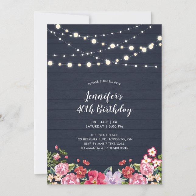 String Lights & Wood | Floral Adult Birthday Party Invitation (Front)