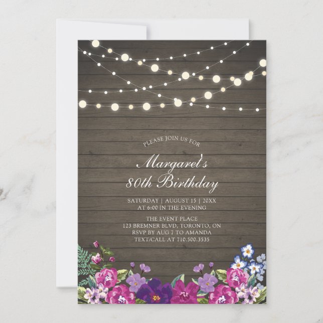 String Lights & Wood | Floral Adult Birthday Party Invitation (Front)