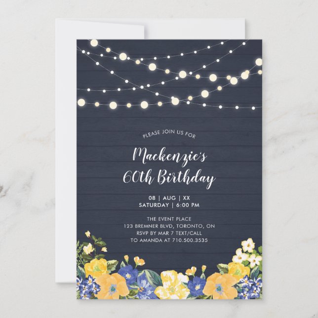 String Lights & Wood | Floral Adult Birthday Party Invitation (Front)