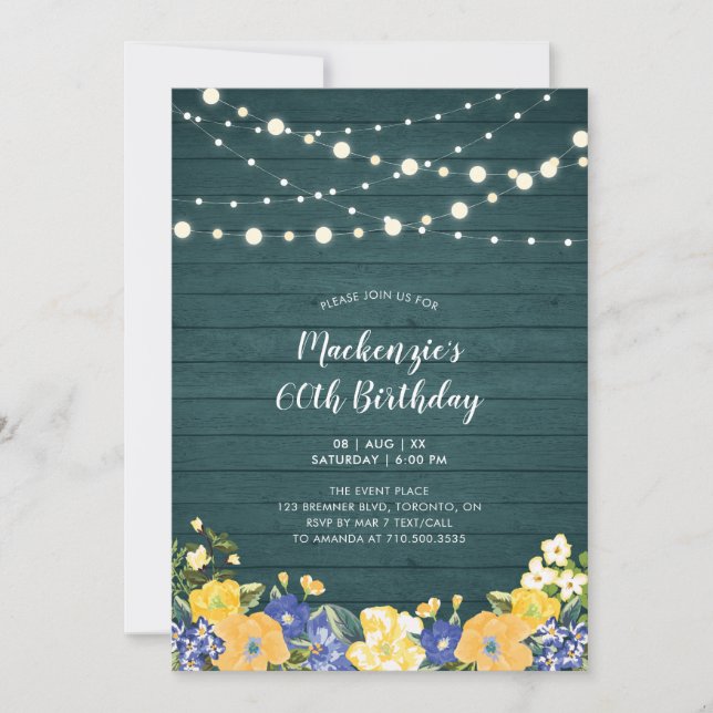 String Lights & Wood | Floral Adult Birthday Party Invitation (Front)