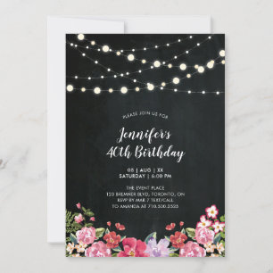 String Lights & Wood   Floral Adult Birthday Party Invitation
