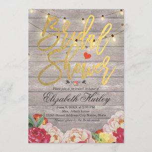 String Lights & Wood Floral Bridal Shower Wedding Invitation