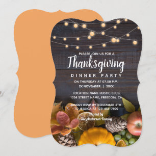 String Lights Wood Rustic Leaves Fall Thanksgiving Invitation