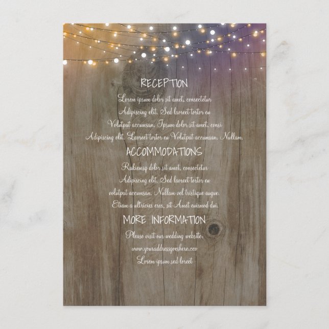 String Lights Wood Rustic Wedding Information Enclosure Card (Front)