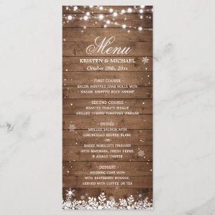 String Lights Wood Rustic Winter Wedding Menu