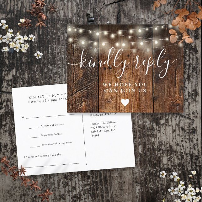 String Lights Wood Song Request RSVP Postcard (String Lights Wood Song Request RSVP Postcard)