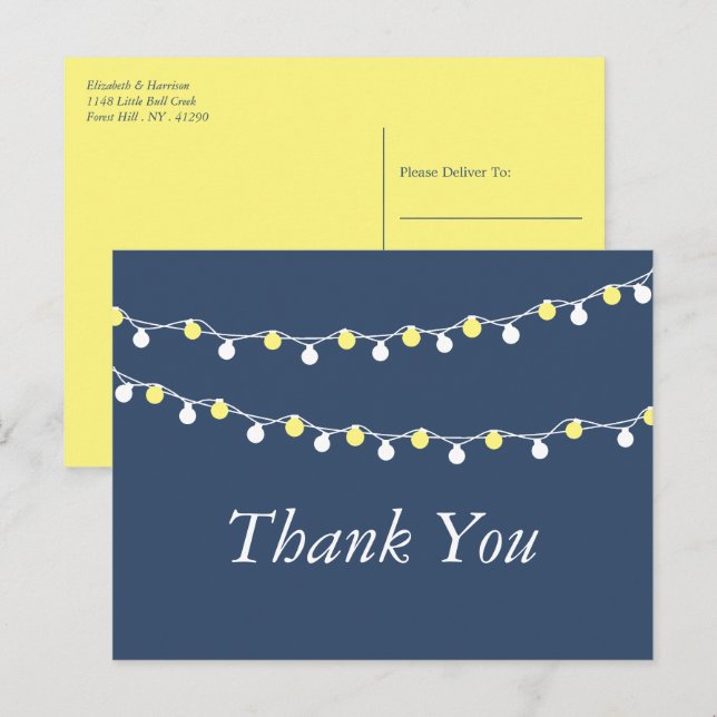 String Lights, Yellow & White Wedding Thank You Postcard (Front/Back)