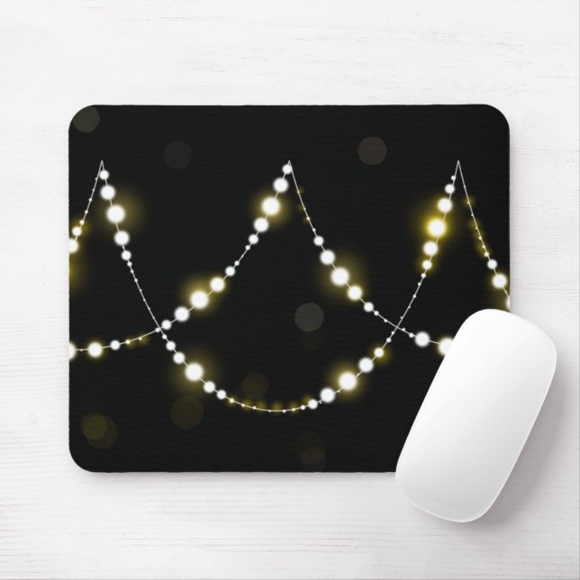 String of Glowing Lights on Black Mouse Mat (With Mouse)