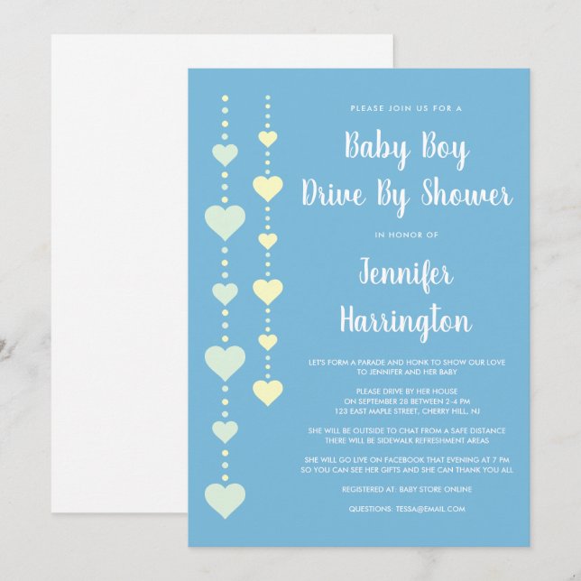 String of Hearts Blue Drive By Baby Boy Shower Invitation (Front/Back)