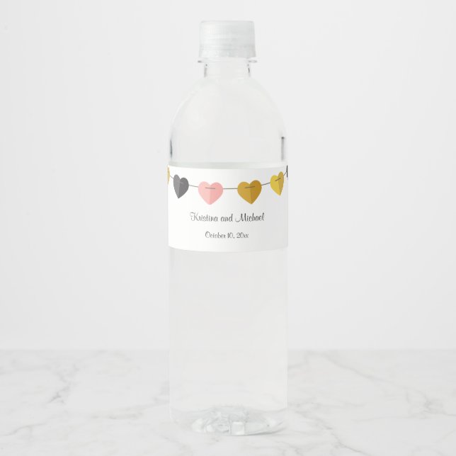 String of Hearts Custom Bride Groom Wedding Water Bottle Label (Front)