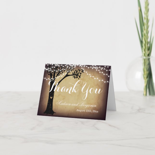 String of Light Oak Tree Wedding Thank You Cards (Front)