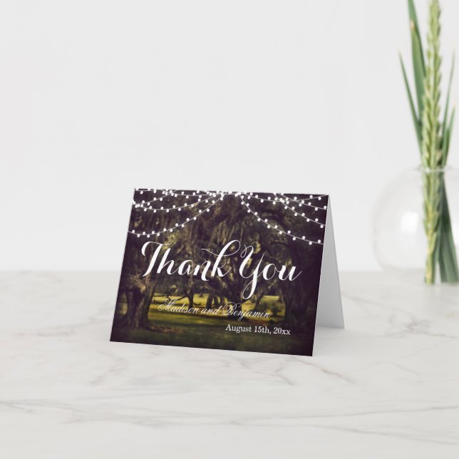 String of Light Oak Tree Wedding Thank You Cards (Front)