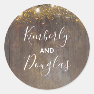 String of Lights and Rustic Wood Classic Round Sticker