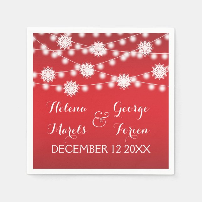 String of lights and snowflakes red wedding napkin (Front)