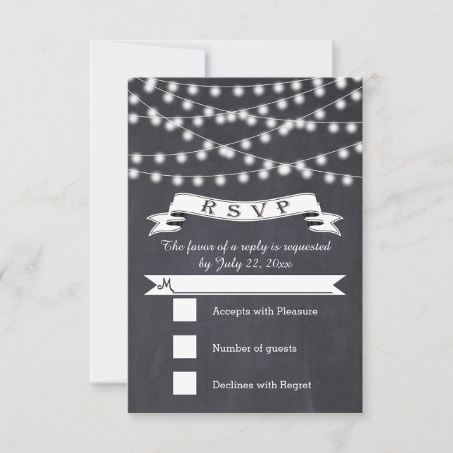 String of lights and vintage banner wedding RSVP (Front)
