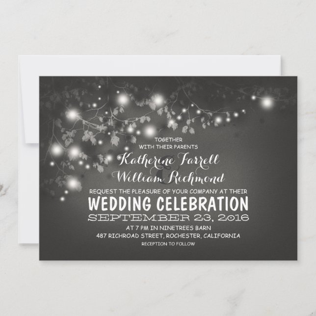 String Of Lights Black & White Wedding Invite (Front)