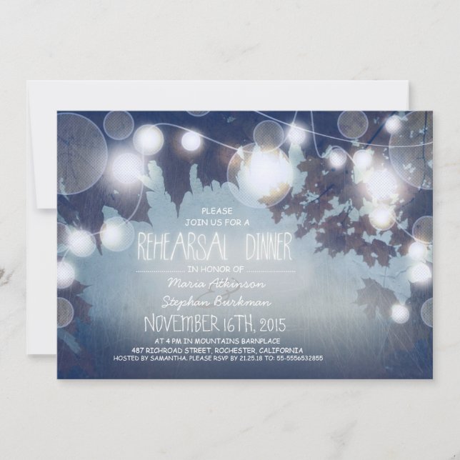 string of lights blue rehearsal dinner invitation (Front)