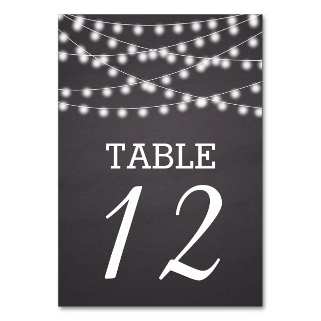 String of lights & chalkboard wedding table number (Front)