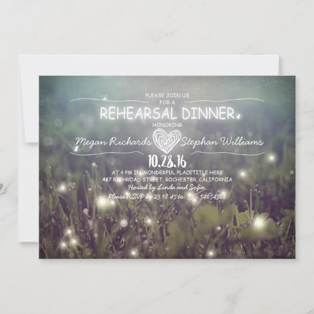string of lights fireflies rustic rehearsal dinner invitation (Front)