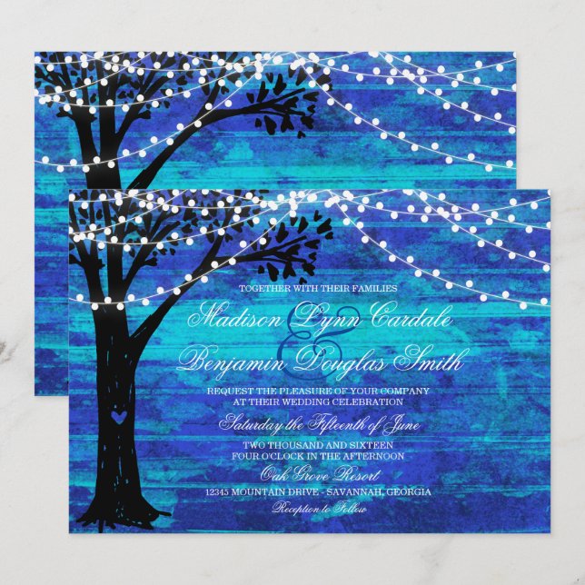 String of Lights Oak Tree Blue Wedding Invites (Front/Back)