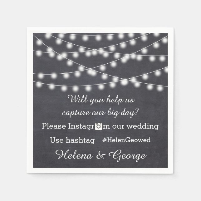 String of lights on chalkboard & hashtag wedding napkin (Front)