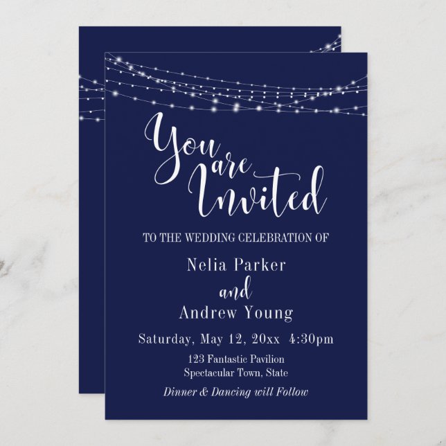 String of Lights on Navy "You Are Invited" Wedding Invitation (Front/Back)
